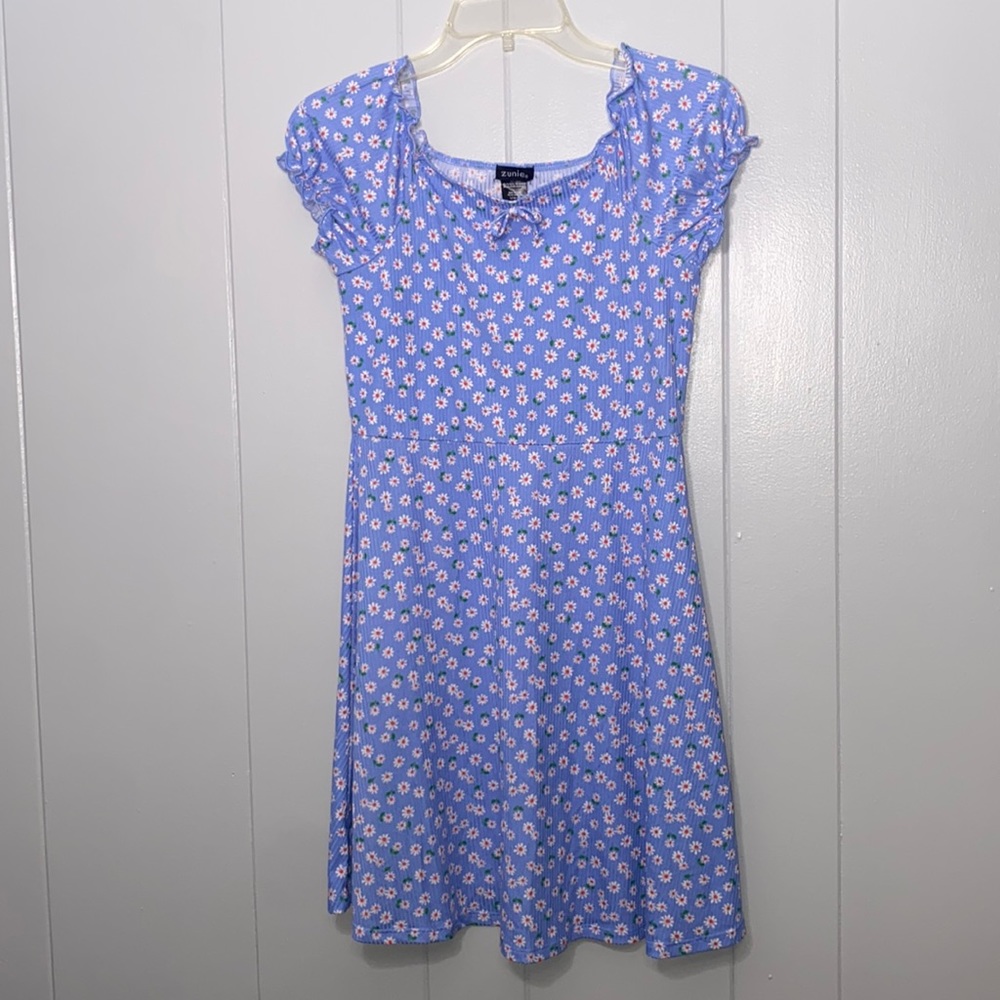 Zunie Girl’s Blue Floral Ribbed Short Sleeve Dress Size Large (14/16)